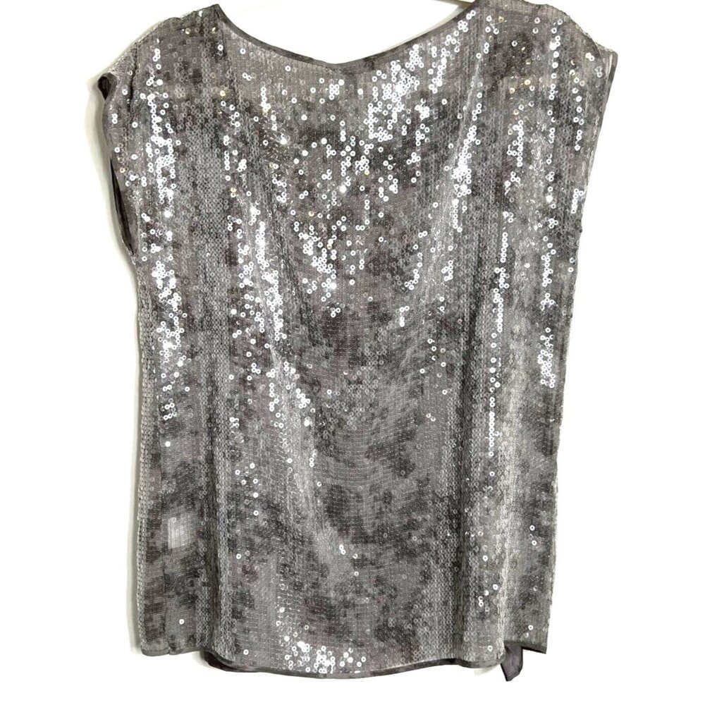 Eileen Fisher Sheer Top Women's Sz XS Clear Sequin Shimmer Silk Glamcore Preppy